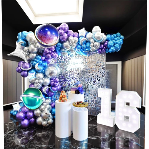 Froufing Galaxy balloon Garland Arch Kit 113pcs Metallic Purple Blue Silver Long Balloon with 4D Foil Balloons for outer Space Party Decorations Girl‘s EuphoriaTheme Birthday Supplies