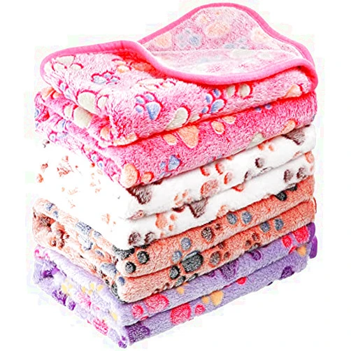 Tatuo 4 Pcs Dog Blanket Pet Puppy Blanket Puppy Teething Toys Paw Print Fleece Blanket for Pet Cat Soft Warm Sleep Mat Guinea Pig Cage Blanket(Medium(30 x 20.5 Inch),White, Coffee, Pink, Purple)