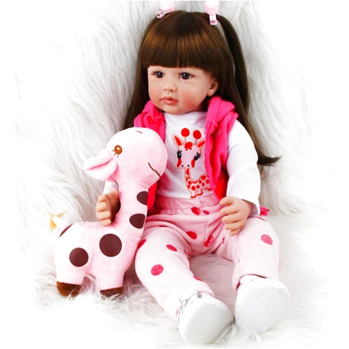 Anyee Realistic Baby Doll with Plush Giraffe Toy, Pink Polka Dot Outfit, 24 inches,Reborn Dolls Girl 24 Inch 60cm Soft Silicone Vinyl Reborn Toddler Dolls,Newborn Boy Girl Toys Xmas Gifts