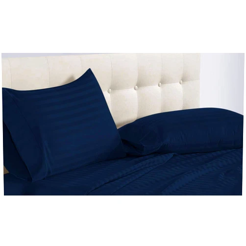 Aspire Linen True Luxury Pure Heavy Rich Combed Cotton 4-Piece Bed Sheets Set Queen Size Fits mattresses Upto 10-12” deep Pocket – Sateen Weave (Stripe, Navy Blue)