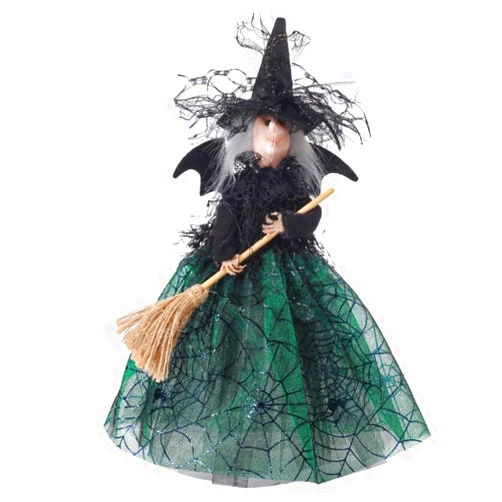 KLEOAD Halloween Decoration Witch Tree Topper - Crashing Witch into Tree, Black Witch Doll Ornament with Spider Web Skirt, Black Pointed Hat and Flying Broom for Desktop Treetop Fireplace Halloween Decor