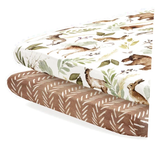 Pobibaby - 2 Pack Premium Pack N Play Sheets Fitted for Standard Pack and Plays and Mini Cribs - Ultra-Soft Cotton Blend, Stylish Woodland Pattern, Safe and Snug for Baby (Wildlife)