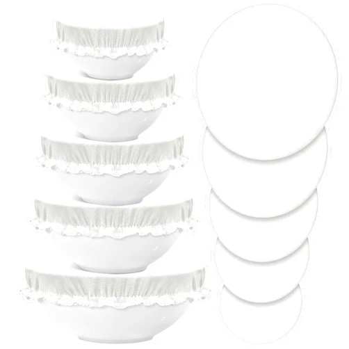Patelai 10 Pieces Bowl Covers Reusable in 5 Size Stretch Cloth Fabric Bowl Covers Elastic Food Storage Covers Cotton Bread Bowl Covers Reusable Lids for Food, Fruits, Leftover (Ivory Style)