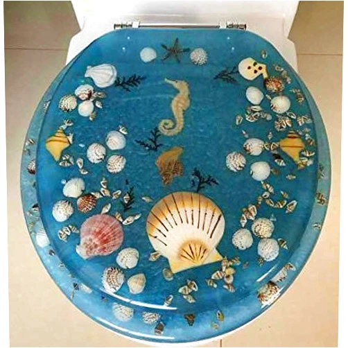 BH Home & Linen Heavy-duty Comfort seahorse and seashells design Round Toilet Seat with acrylic cover. (Blue 17 Inch)