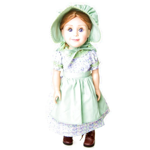 THE QUEEN'S TREASURES 18 Inch Doll Clothes, Little House on The Prairie 3 Piece Purple and Green Calico Summer Dress, Hat, and Apron, Compatible for Use with American Girl Dolls