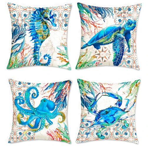 Bonhause Nautical Coastal Ocean Throw Pillow Covers 18 x 18 Inch Set of 4 Sea Turtle Seahorse Octopus Outdoor Decorative Pillow Cases Polyester Linen Cushion Covers for Sofa Couch Bedroom Home Décor