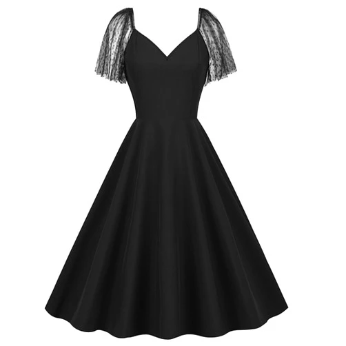 Generic Women Solid Color Hepburn Dress Sheer Lace Sleeve Vintage Cocktail Swing Dress Wedding Party Prom Evening Dresses