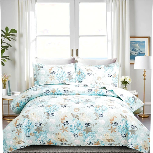 Ycosy 3-Piece Coastal Beach Bedspread Set Full/Queen Quilt Set Blue Ocean Theme Bedding Seashell Conch Seahorse Starfish Bed Covers Bedroom Decor,1 Quilt+ 2 Pillow Shams