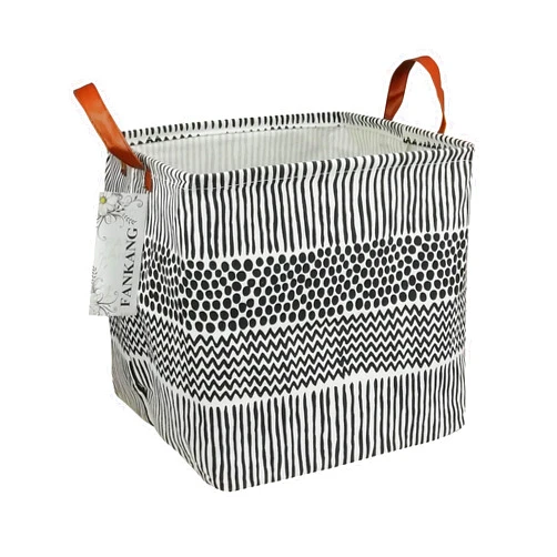 FANKANG Square Nursery Hamper Storage Bins Canvas Laundry Basket Foldable with Waterproof PE Coating Storage Baskets Gift Baskets for Children, Office, Bedroom, Clothes（Square-Black Lines ）