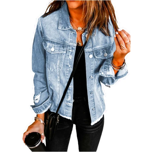 EVALESS Womens Boyfriend Washed Crop Denim Jean Jacket Coat