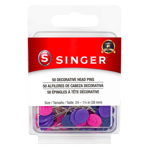 SINGER Decorative Flat Head Pins, Size 24, 50 Count: Assorted Colors, Rust-Resistant Nickel-Plated Steel Pins for Sewing, Quilting, and Crafts