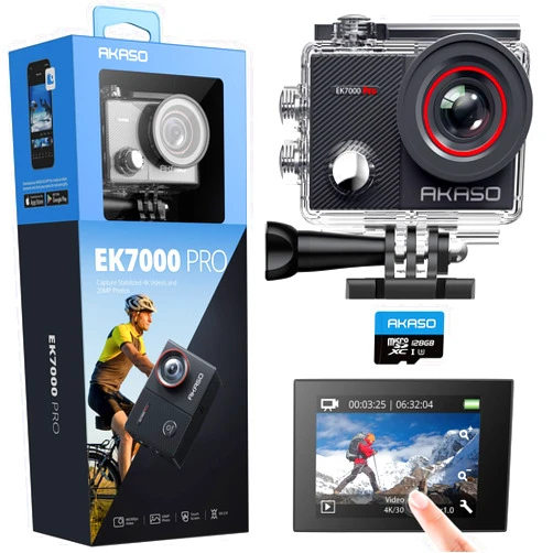 AKASO EK7000 Pro 4K30fps Action Camera with Touch Screen EIS 131ft Waterproof Camera Remote Control 5X Zoom Underwater Camera with Helmet Accessories Kit (with 128GB MicroSD Card)