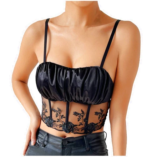 BADHUB Women's Everyday Bras Chic Sheer Mesh Floral Lace Spaghetti Strap Ruched Cami Crop Tank Top Casual Lingerie Camisoles Black Small