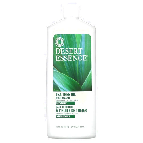 Desert Essence Tea Tree Oil Mouthwash, Spearmint, 16 fl oz - Alcohol Free, Sugar Free, Gluten Free, Vegan, Cruelty Free, Non-GMO - Aloe, Vitamin C & Spearmint Essential Oil - Healthy Teeth & Gums