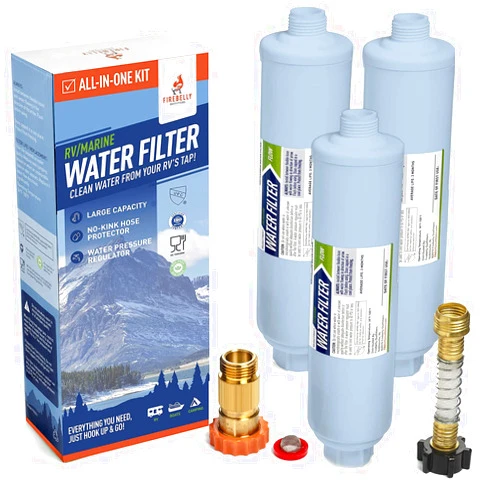 Firebelly Outfitters RV/Marine Inline Carbon Water Filter Starter Kit Bundle with 3 Filters, Flexible Hose Protector, RV Water Pressure Regulator