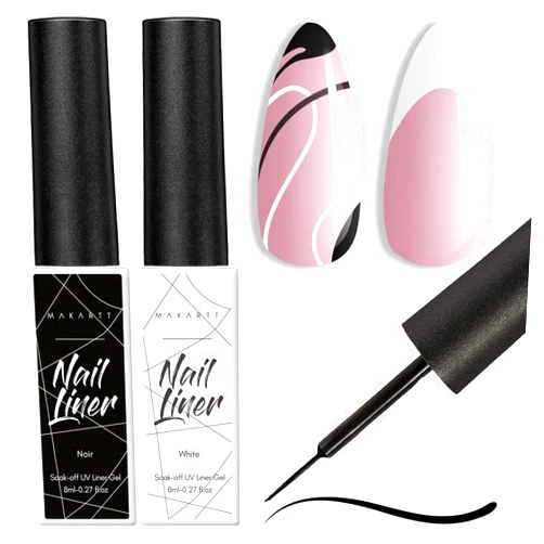 Makartt Gel Nail Polish Liner Set 8ML 2 Colors White and Black for Winter French Nail Art French Tips Swirls DIY Manicure Soak Off UV Curing with Thin Brush