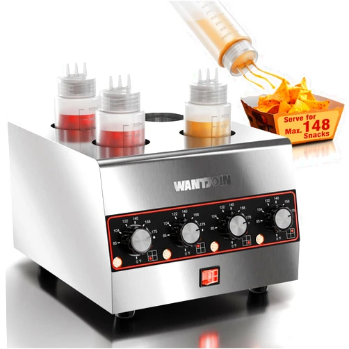 WantJoin Electric Sauce Warmer Dispenser, Countertop Stainless Steel Sauce Heat Preservation Machine 320W Hot Fudge Nacho Cheese Ketchup Chocolate Warmer for Commercial with 650ml Squeeze Bottle*4