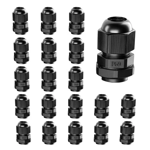 AMPELE Cable Gland 20 Pack PG9 Waterproof Adjustable 4-8mm Nylon Cable Glands Joints With Gaskets, Black(PG9)