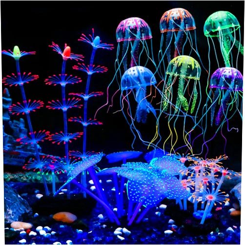 Uniclife 4 Pack Fish Tank Decorations Glowing Effect Aquarium Décor Small Silicone Artificial Jellyfish Coral Plant Ornament
