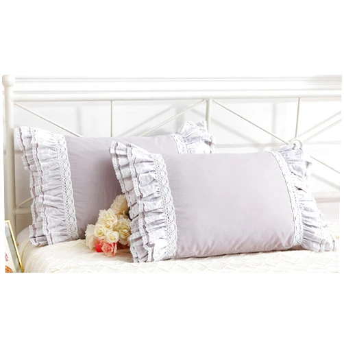 Meaning4 Gray Pillow Shams with Lace Ruffles Shabby Chic Cotton Queen Size Grey Pillowcases 20 x 30 2-Pack