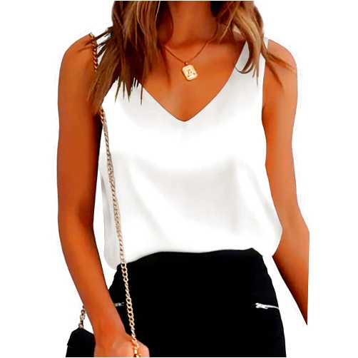 Ekouaer Womens Silk Satin Tank Tops V Neck Casual Cami Sleeveless Camisole Blouses Summer Basic Tank Shirt