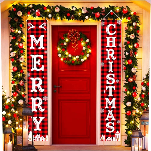 DataMoon Christmas Decorations Outdoor Yard Porch Sign Set - Merry Christmas Door Banner Xmas Decorations, Red Buffalo Plaid Christmas Decor for Home,Outside,Garage Door Christmas Party Wall Decorations