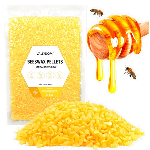 VALLYDOM Organic Beeswax Pellets - 453g Yellow Beeswax Pastilles, Pure Natural Bulk Bees Wax Pellets for DIY Beeswax Making Candles Skin Care Lip Balm Soap Lotion (1lb)