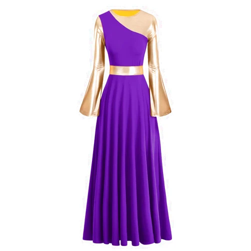 IBAKOM Liturgical Praise Dance Worship Long Dress for Women Metallic Gold Color Block Loose Fit Full Length Church Dancewear