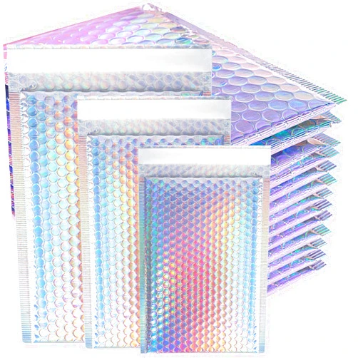 Dazarey 50 Pcs Metallic Bubble Mailers,Poly Padded Envelopes,Waterproof Self Seal Adhesive Shipping Bags,Foil Glitter Glamour Shipping Mailer,Holographic Cushion Envelopes for Mailing,Packing,Small Business