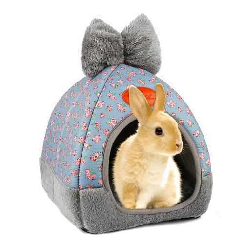 YUEPET Bunny Bed Warm Guinea Pig Cave Beds Cute Bowknot House Big Hideouts Cage Accessorie for Dwarf Rabbits Hamster Bunny Ferrets Rats Hedgehogs Chinchilla（Blue）