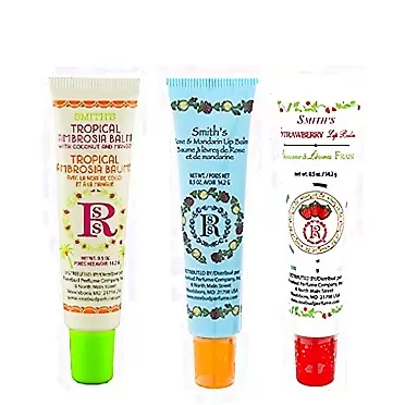 Rosebud Perfume Co. Tube 3 Pack: Tropical Ambrosia Balm, Rose & Mandarin Lip Balm, Strawberry Lip Balm