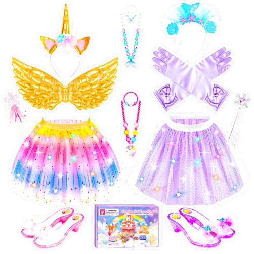 Jeowoqao Girls Dress Up with LED Light, Princess Dress Pretend Play Costumes, Toddler Girls Dress up Set Tutu Skirts, Wings, Princess Shoes Toys Gift for Girls 3 4 5 6 Years