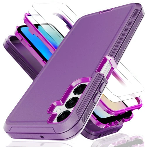 KaiMai for Galaxy A05S 4G Case with Explosion-Proof Film[2 Pack],3 in 1 Shockproof TPU Hard PC Bumper Drop-Proof Shell for Samsung Galaxy A05S 4G Purple/Red