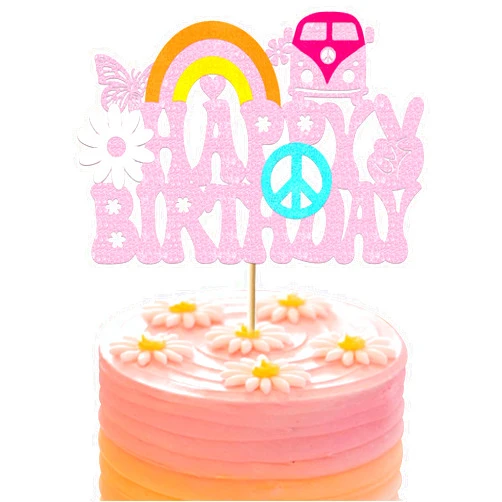 Vivicraft Groovy Cake Topper Hippie Decorations Glitter Boho Rainbow Toppers for Girls Boys 60s 70s Happy Birthday Peace Sign Bus Victory Daisy Party Supplies Baby Shower (FC017)