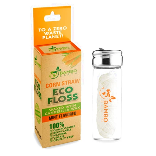 BAMBOEARTH Biodegradable Mint Dental Tooth Lace Floss with Refillable & Reusable Glass Holder - 100% Organic Natural Cruelty-Free & Vegan Compostable Teeth Corn Spool Waxed with Candelilla Wax & Eco-Friendly