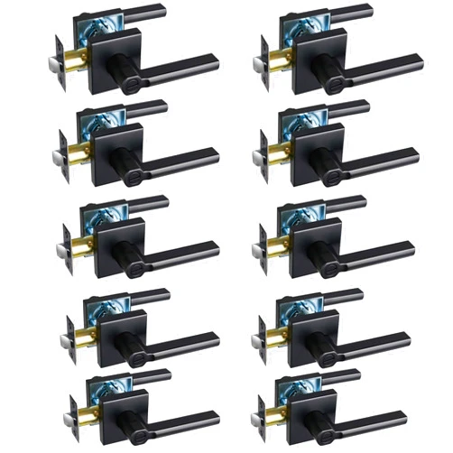 HISAFE Heavy Duty Privacy Door Lever, Matte Black Square Door Handle Interior Door Lock for Bathroom Bedroom, Reversible Right and Left, 10 Pack
