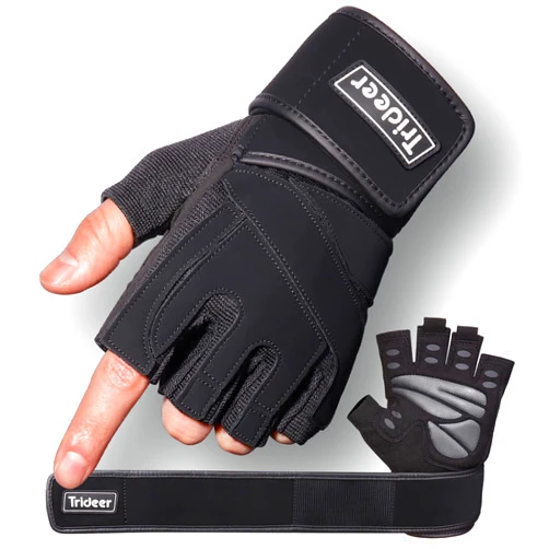 Trideer Padded Workout Gloves for Men - Gym Weight Lifting Gloves with Wrist Wrap Support, Full Palm Protection & Extra Grips for Weightlifting, Exercise, Cross Training, Fitness, Pull-up