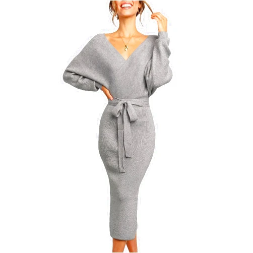 Chang Yun Women's Long Maxi Sweater Dresses Sexy Wrap Batwing V Neck Slit Open Back Holiday Bodycon Dress with Belt