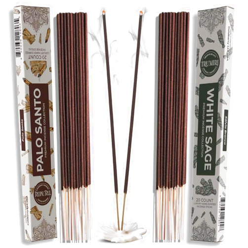 Trumiri Incense Sticks - Combo Pack of 40 Insence-Sticks - 20 Palo Santo + 20 White Sage - Cleansing Insense - Insents - Incents - Inscense - Incence - Incienso - All Natural Non Toxic Incense Sticks