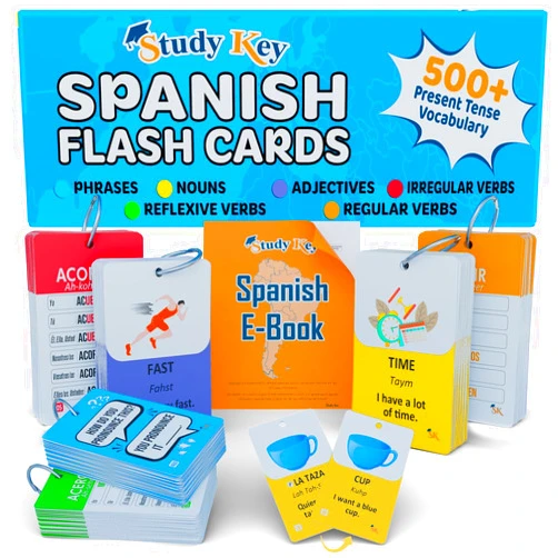 Study Key 500+ Spanish Vocabulary Flash Cards for Adults & Kids Ages 15+ - Verb Conjugation, Nouns, Adjectives & Phrases to Learn Spanish for Adult Beginners Flashcards
