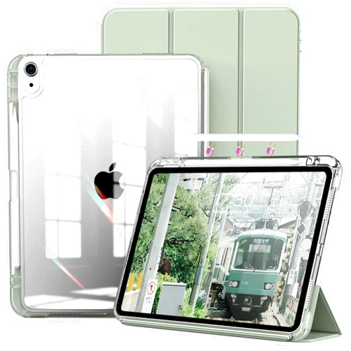 kenke Hybrid Case for iPad Air 11 Inch (M2) 2024, iPad Air 5th/4th Gen 2022/2020 10.9 Inch with Pencil Holder, 2 in 1 Detachable Cover with Clear Transparent Back Shell, Auto Sleep/Wake, Light Green
