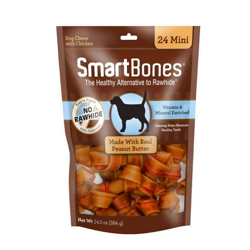 SmartBones Mini Chews With Real Peanut Butter 24 Count, Rawhide-Free Chews For Dogs (Packaging May Vary)