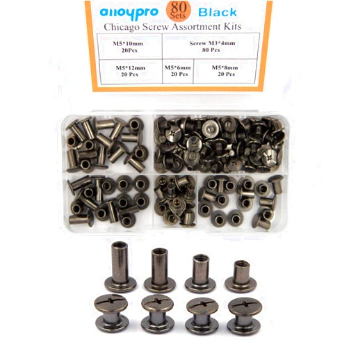 Alloypro 80 Sets Chicago Screws Assorted Kit 4 Sizes Gun Metal Leather Rivets 1/4 5/16 3/8 1/2 Screw Rivets Slotted Phillip Head Book Binding Posts Nail Rivet Chicago Bolt for DIY Leather Craft M5