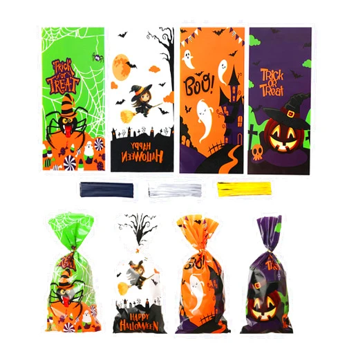 Jocomoni 160PCS Halloween Cellophane Treat Bags, Plastic Goodie Candy Bag Goody Snack Sweet Bags with Twist Ties for Halloween Party Favor Supply（4 Style）