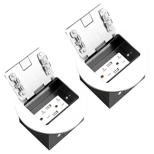 Vagueior Recessed Floor Electrical Outlet Kit, Circular Hidden 4.8A USB,20 Amp Tamper-Resistant Receptacle Outlet ，Waterproof Electrical Outlet Covcer Box, ETL Certified,Silver（2 Pack