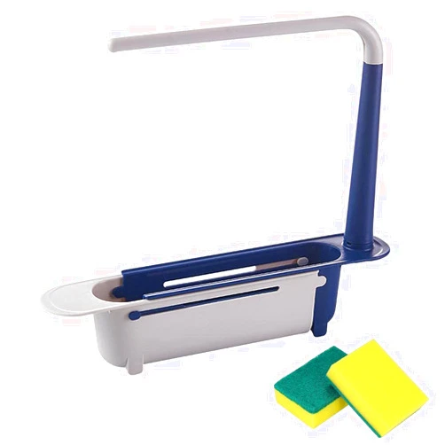 KCRPM Updated Telescopic Sink Storage Rack Adjustable Length Telescopic Sink Storage Rack Holder Storage Sponge Soap Holder with Dishcloth Hanger Expandable Storage Drain Basket (Blue)