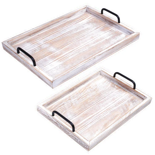 LotFancy Wood Serving Trays with Handles, Set of 2, Rustic Nesting Decorative Trays for Ottoman, Coffee Table, Countertop Centerpiece, Farmhouse Ottoman Tray