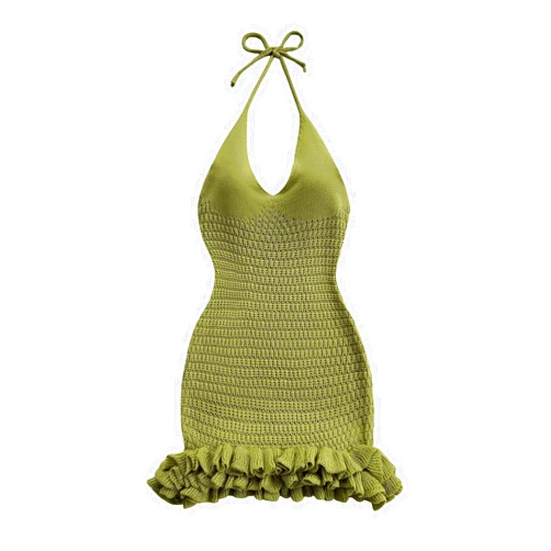 GORGLITTER Women's Crochet Bow Halter Bodycon Mini Dress Sleeveless V Neck Open Back Ruffle Layer Short Dresses