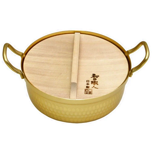 Taniguchi Metal Japanese Craftsman Shallow Pot with Wooden Lid, 7.1 inches (18 cm)