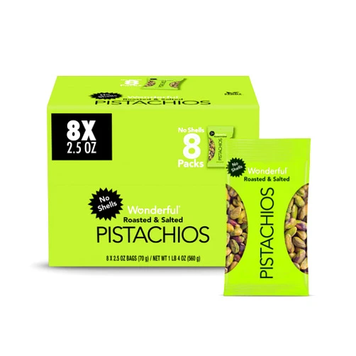 Wonderful Pistachios No Shells, Roasted and salted Nuts, 2.5 Ounce Bag (Pack of 8), Protein Snack, On-the-Go, Individually Wrapped Healthy Snack